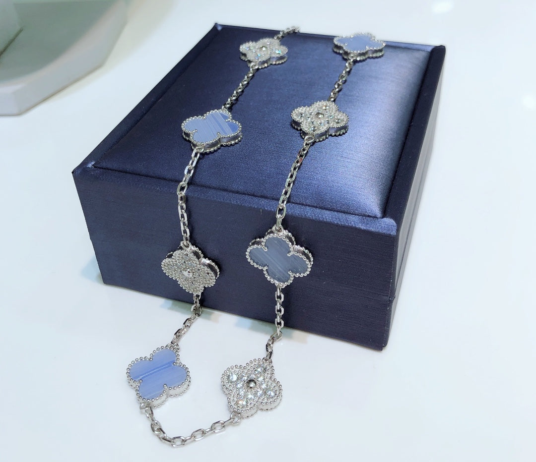 [VCA]CLOVER 10 MOTIFS CHALCEDONY DIAMONDS SILVER NECKLACE