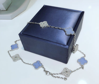 [VCA]CLOVER 10 MOTIFS CHALCEDONY DIAMONDS SILVER NECKLACE