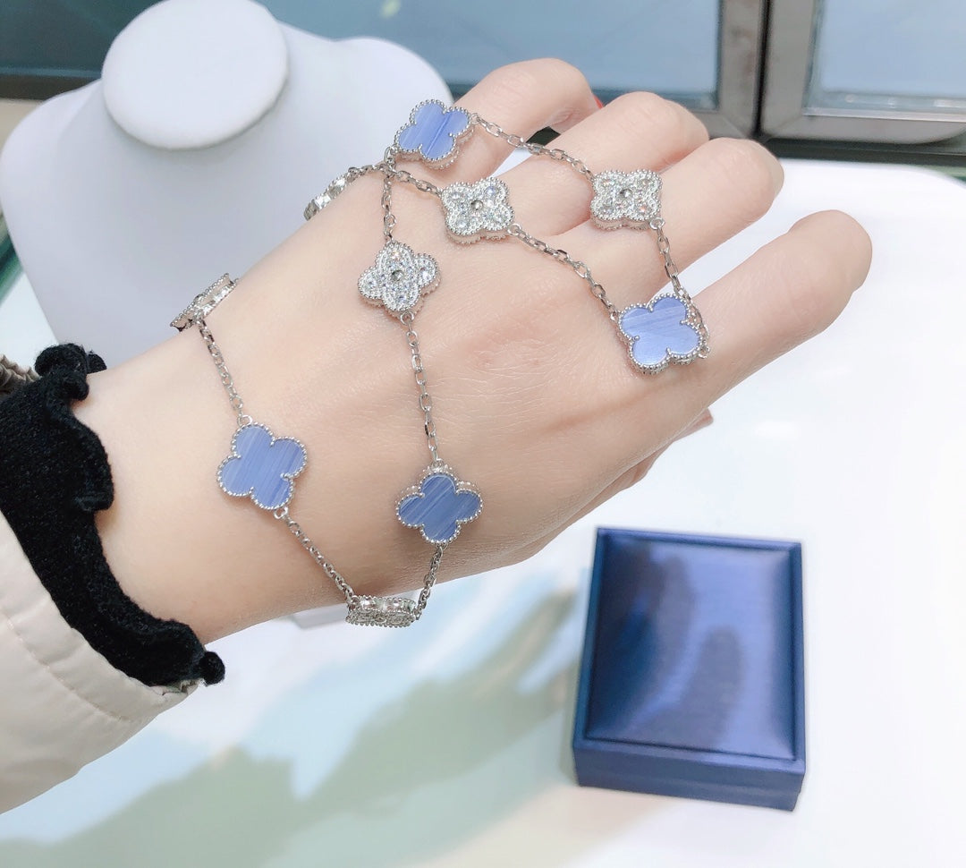 [VCA]CLOVER 10 MOTIFS CHALCEDONY DIAMONDS SILVER NECKLACE