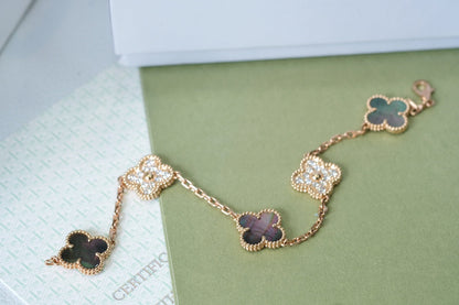 [VCA]CLOVER 5 MOTIFS DARK MOP AND DIAMONDS PINK GOLD BRACELET